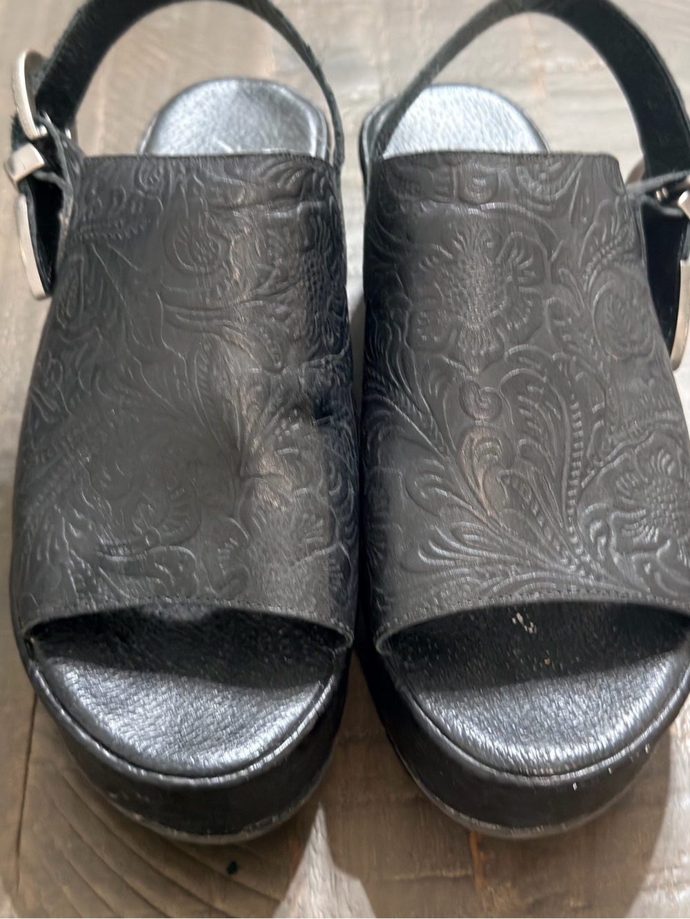 Free People Black Embossed Leather Slingback Platform Sandals